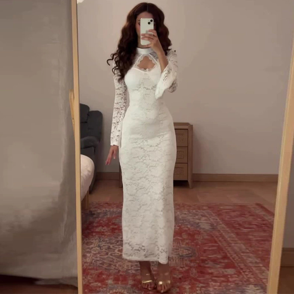 Forever 21 White French Style Hollow Out Long-Sleeve Bodycon Maxi Dress